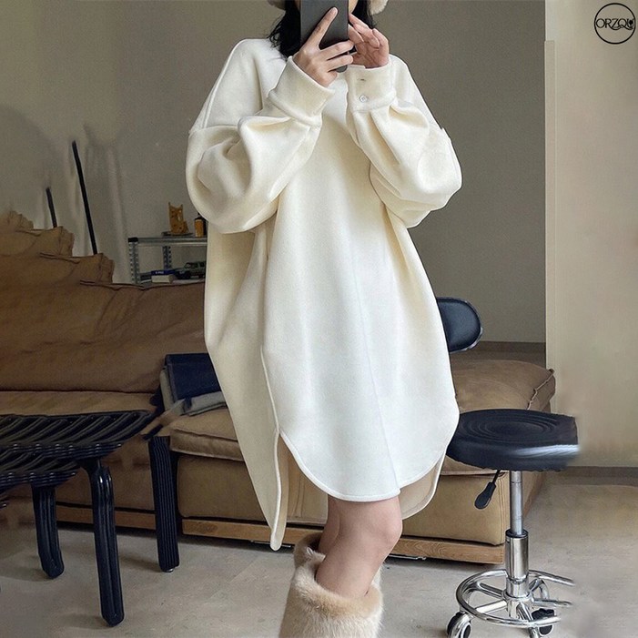 ORZQU 가을 겨울 여성 루즈핏 하프 라운드 풀오버 원피스 심플 캐주얼 도톰 원피스