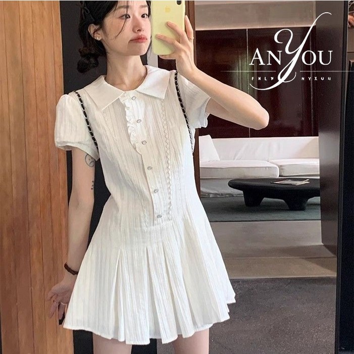 ANYOU 여름 여성 반팔원피스 심플 슬림핏 원피스 카라 셔츠 미니원피스