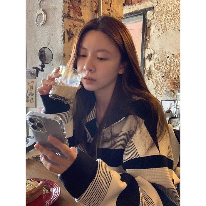 POMTOR 남자 여자 루즈핏 긴팔티 남녀공용 오버사이즈 하프집업 스트라이프 맨투맨