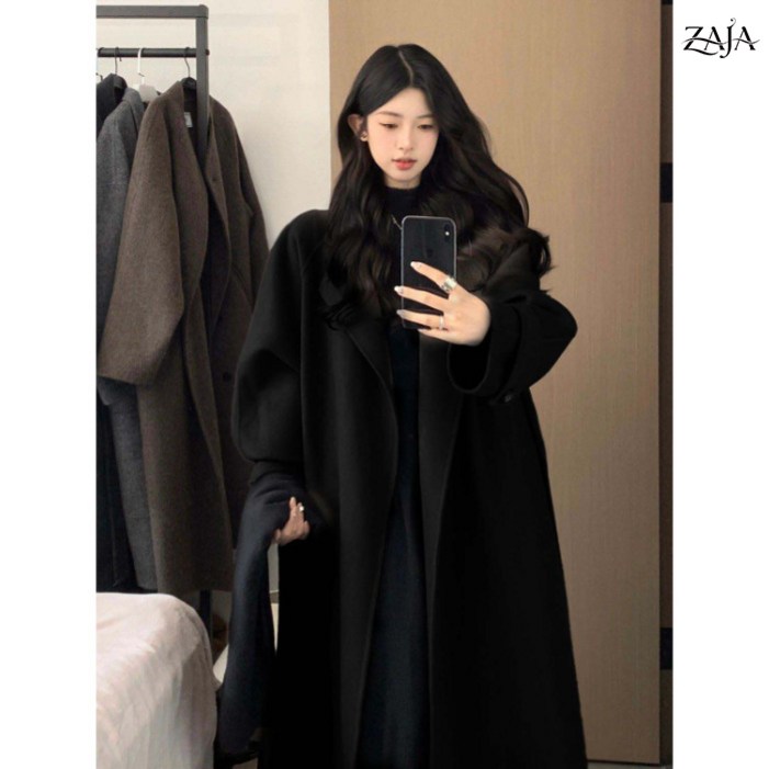 ZAJA 여성 루즈핏 카라넥 롱 모직 코트