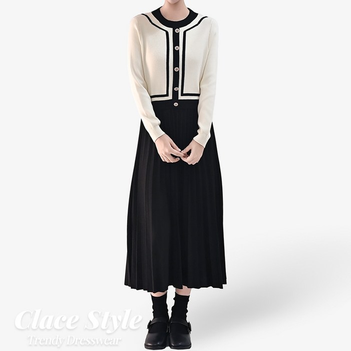 클레이스 니트 배색 플리츠 롱원피스