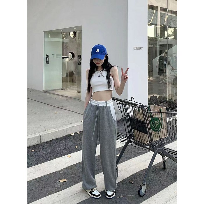 여성용 배색  밑단  조거 밴딩 팬츠 R9G5A4