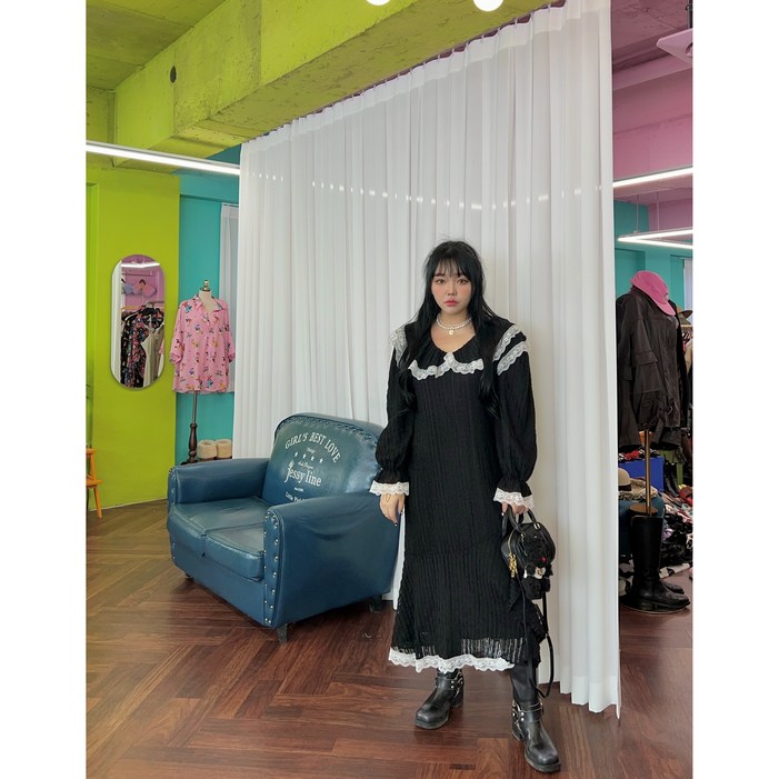 소량재입고 단독진행  한정수량 no.2 엘오엘 홀레이스 콤비 머메이드 딥 넥 오버핏 원피스