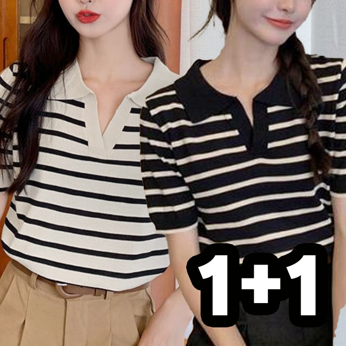 로엔그린 여름 스트라이프 브이넥 여성 카라 반팔 니트티 11
