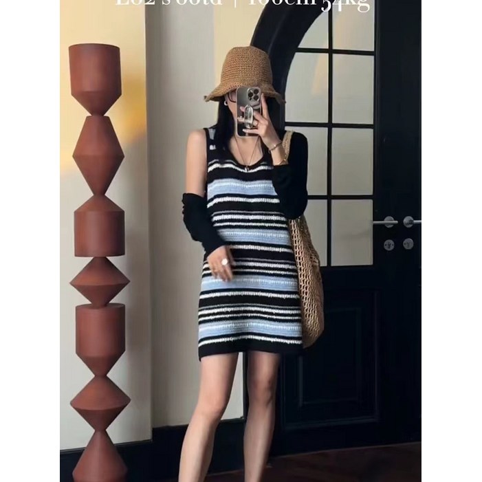 여름 패션 캐주얼 코디 라운드 스트라이프 나시 원피스 날씬해 보이는 나시 스커트