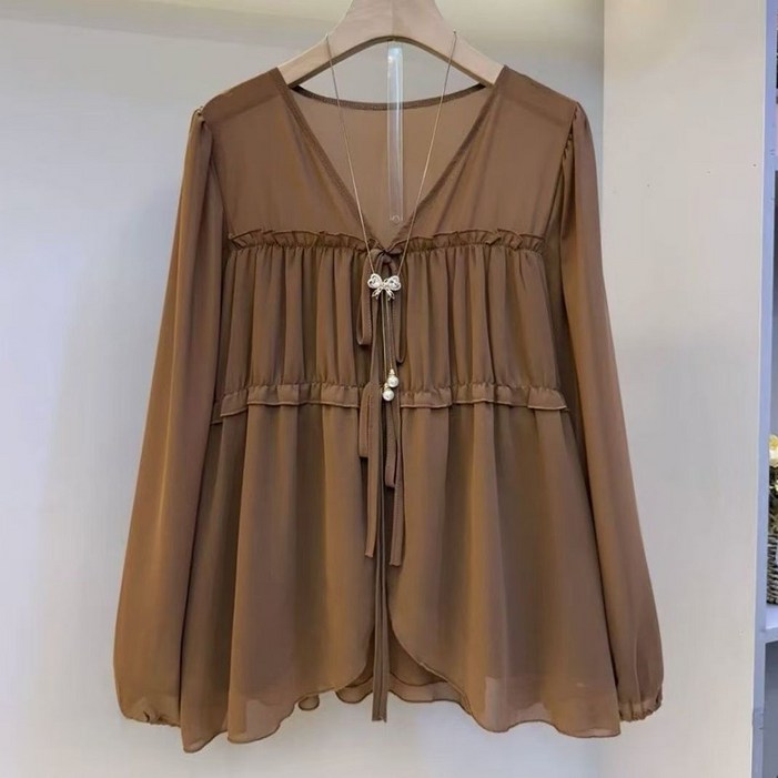 MOSAIRATION 여성 브이넥 리본 셔링 루즈핏 긴팔 빅사이즈 쉬폰 블라우스 K0020818