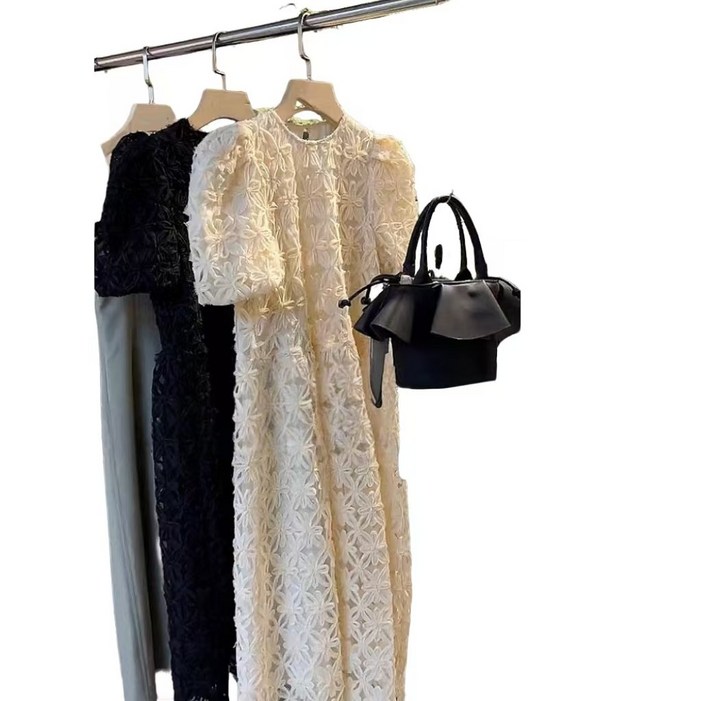 JoYouth 고급스러운 오간자 플라워 퍼프 롱 원피스