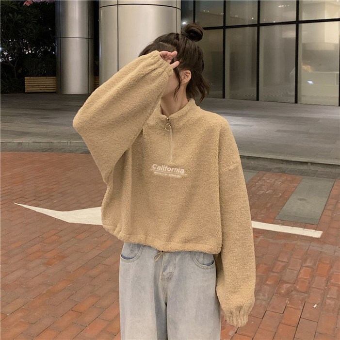 론조모니 여성 트렌디 하이넥 반집업 크롭 뽀글이 맨투맨 론조모니 여성 트렌디 하이넥 반집업 크롭 뽀글이 맨투맨