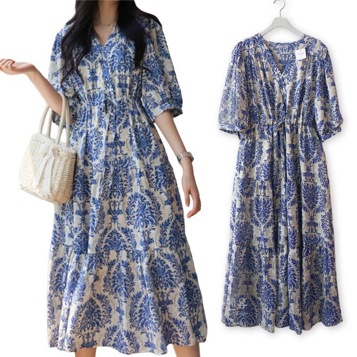 메리앤유 보태닉나염 볼륨있는 플레어라인 반팔원피스