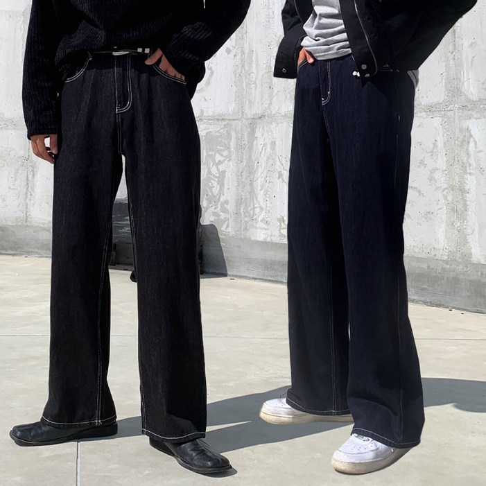 럴펜 남자 남성 고퀄리티 남자 논페이드 생지 히든 뒷밴딩 세미 와이드 데님 청바지