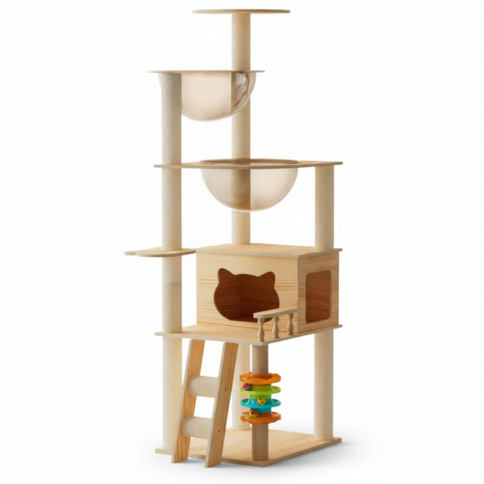 Pawprint 원목 캣타워 대형 소형 고양이 캣타워 우주선 아크릴 투명 캣하우스 다기능 고양이 놀이 공간 다묘가정 초보집사 먼치킨 성인묘 거실 원룸 실내용 다양한 고양이 활동에