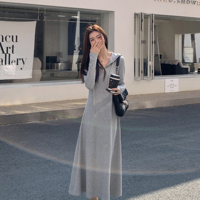 Asure 여성 니트 원피스 슬림핏 후드 롱원피스