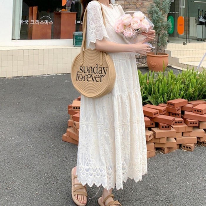 JQS 빅사이즈 2XL 하객 자수 레이스 롱 원피스 1168