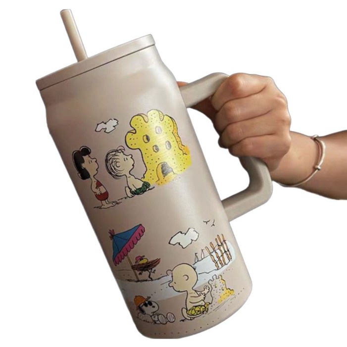 캐릭터 스누피 텀블러 1500ml 대용량 보온병  손잡이 보냉병 스텐 빨대 텀블러