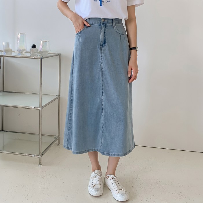 아피나르 A라인 쿨터치 데님 롱스커트