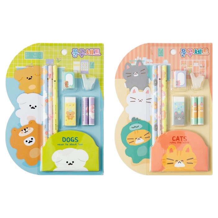 푸딩프렌즈 문구 2종 세트, 우유 강아지, 유부 고양이, 1세트