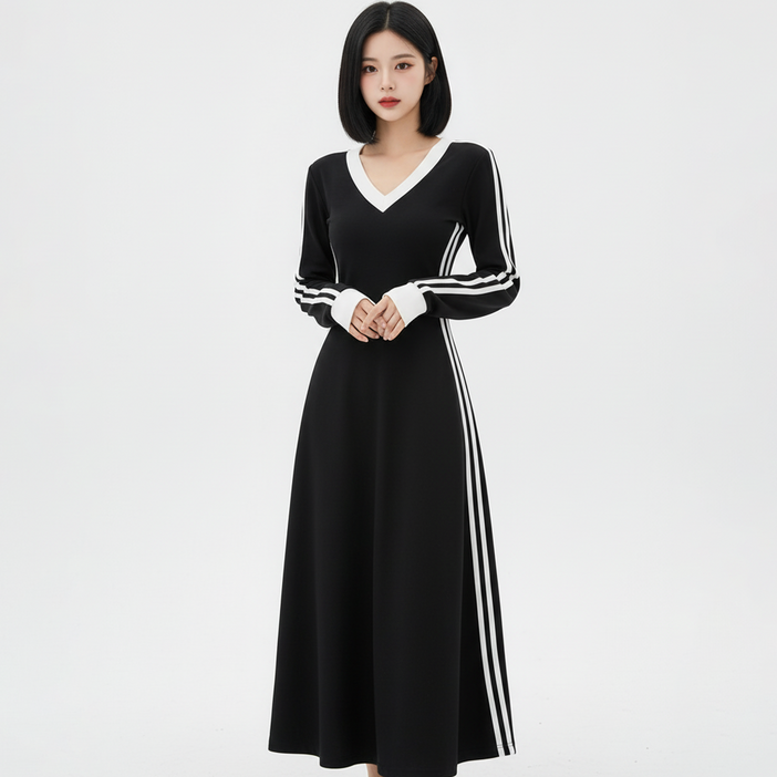 마켓피아 여성용 V넥 트랙 라인 포인트 롱 원피스