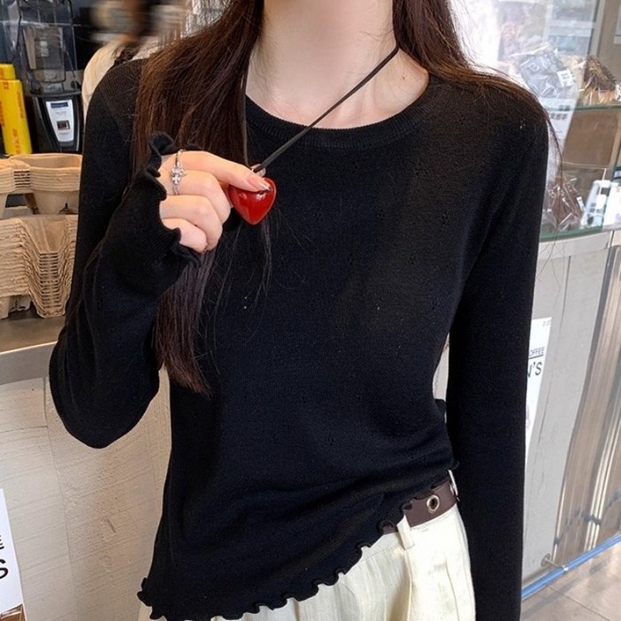 아이엠몽 여성용 베이직핏 라운드넥 프릴 긴소매 니트 티셔츠 R6S109
