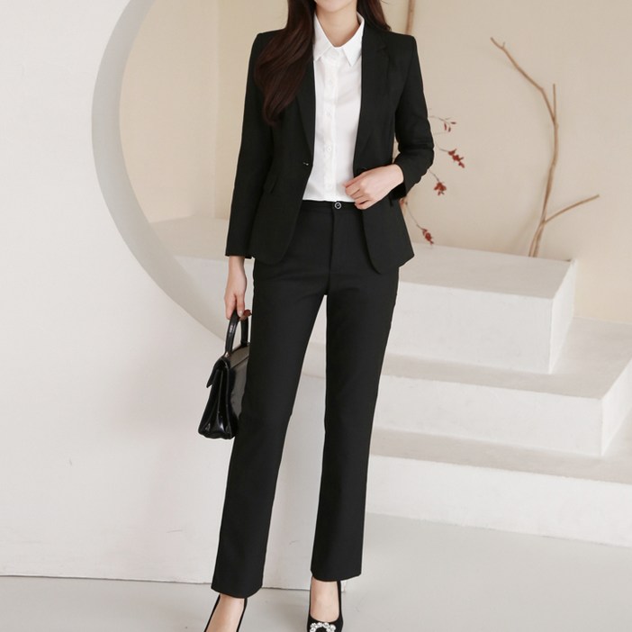 퀸이즈 여성용 솔리드 원버튼 정장 자켓  팬츠 세트