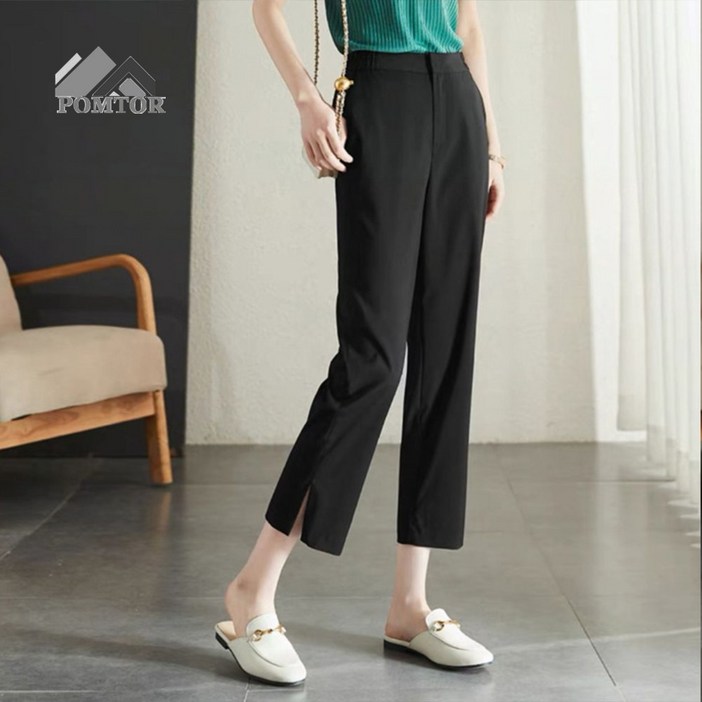 POMTOR 여성용 슬림 핀턱 트임 정장 바지 스트레이트핏 9부 뒷밴딩 팬츠 슬랙스