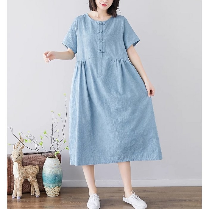 린넨 라운드 버튼 반팔 롱 원피스
