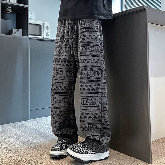 Vezri 남성용 보헤미안 스타일 루즈핏 기하학 무늬 긴바지 편안한 봄 가을 캐주얼 팬츠 Aee