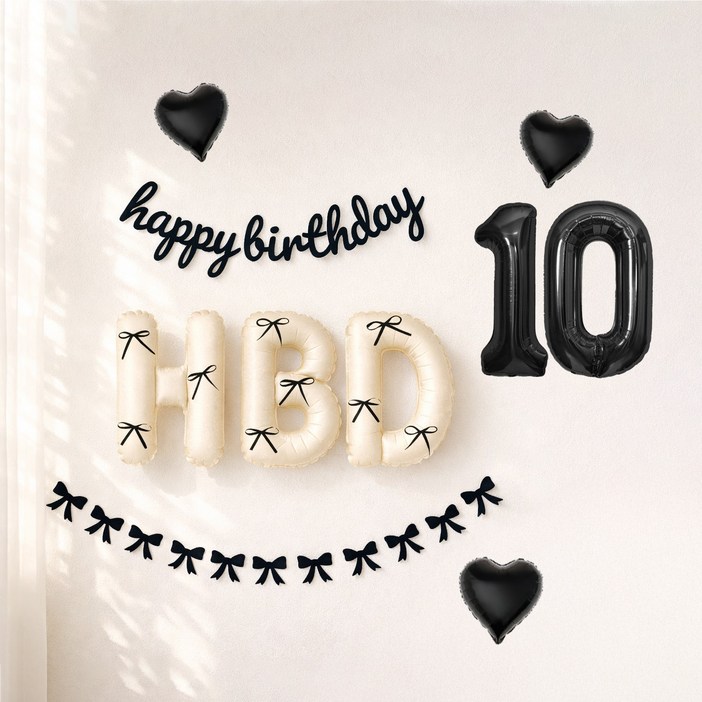 해피제이니 HBD 이니셜 생일 호일풍선 블랙 리본 생일가랜드 파티용품 세트, 1세트, 크림풀세트 숫자10