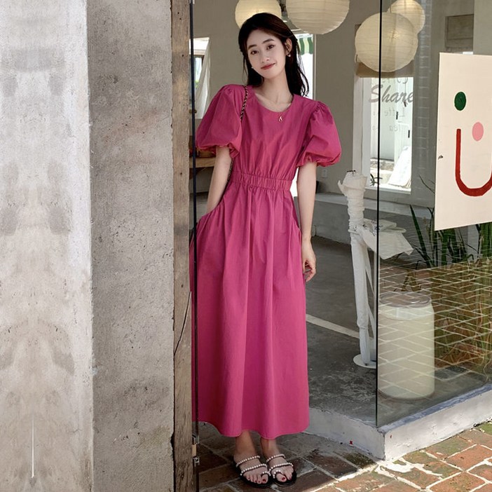 유니픽여성 여름 면 라운드넥 퍼프 슬리브 원피스 허리 조임 디자인ddn