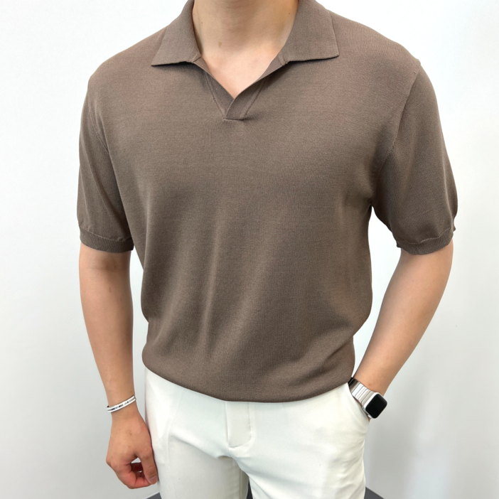 이브컴퍼니 시원한 아이스 오픈 카라 머슬 오버핏 반팔 니트 (775-1)