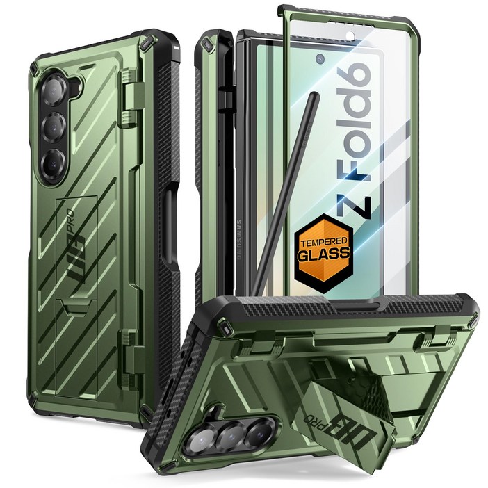 SUPCASE 유비프로 갤럭시 Z 폴드 6 러기드 풀커버 스탠드 케이스 펜수납, 강화유리, 그린, 1개 SUPCASE 유비프로 갤럭시 Z 폴드 6 러기드 풀커버 스탠드 케이스 펜수납, 강화유리, 그린, 1개
