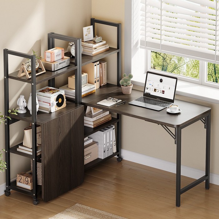 접이식 테이블 책상 컴퓨터 공부 책상 수납 선반 통합형 철제선반 목재 11860cm 이동식, 11860cm검정색