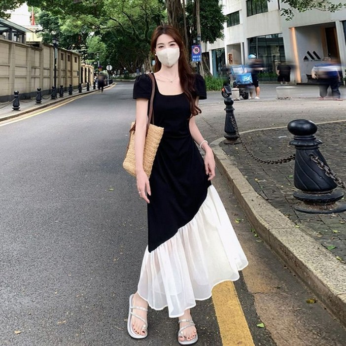 AOKADA 여성 여름 스퀘어넥 셔링 플리츠 플레어 롱 원피스