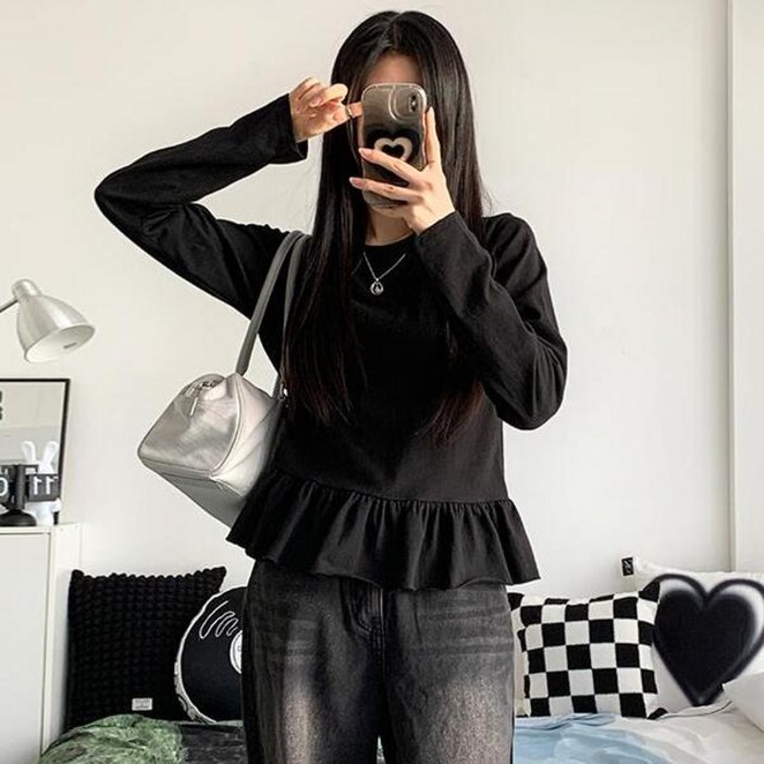 러블리레이어드3col 니즈 루즈핏 밑단 프릴 무지 티셔츠