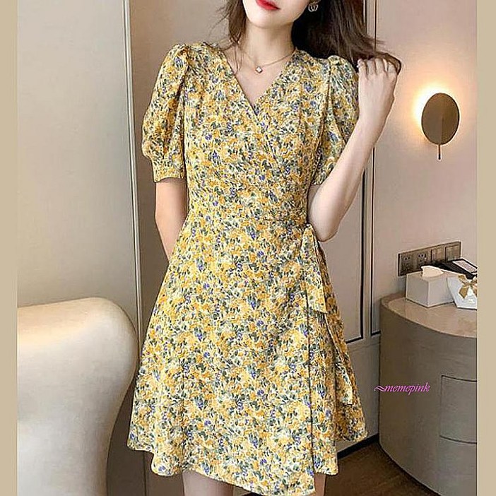 원피스 여름 바캉스룩 셔츠 피로연 하객룩 오피스룩 미니 면원피스 봄여름 비치 검정 랩쉬폰 동남아 반팔 플라워efg025