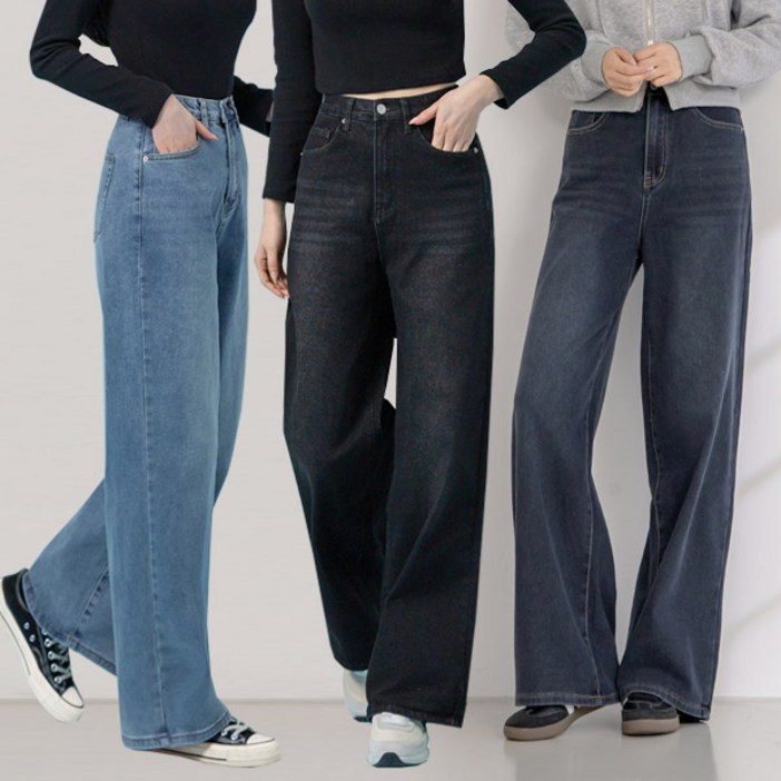 지기핏 3단 기장 스판 와이드 밴딩 데님 여성 청바지 S2XL 빅사이즈