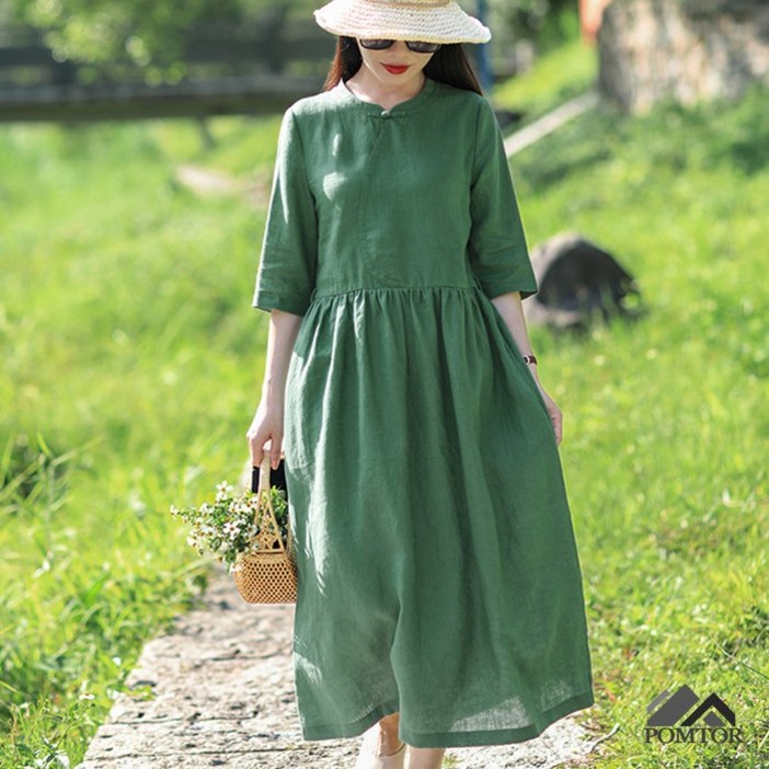 POMTOR 여성 원피스 그린 여름 린넨 롱원피스