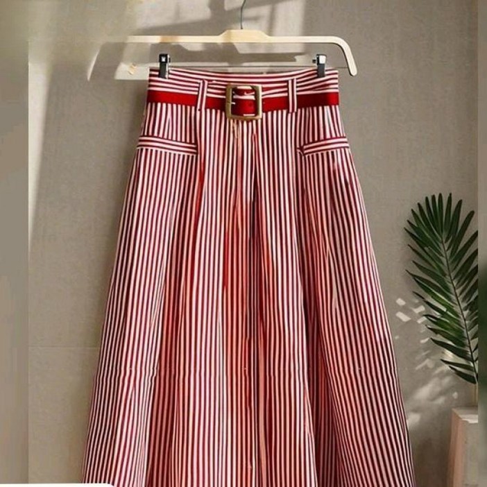 해피유통 여성 여름 스트라이프 하이웨이스트 수축 스커트 벨트 디자인 캐주얼 A라인 스커트XG13