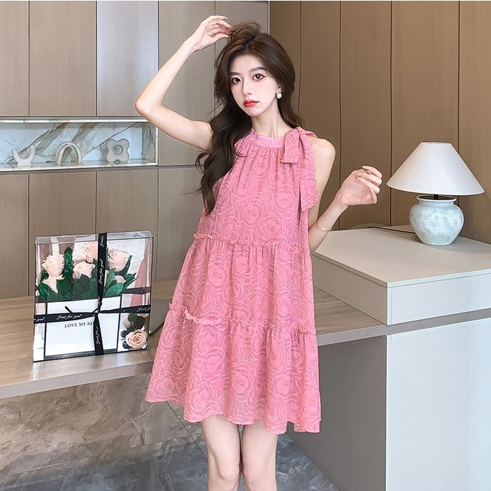 여름 리본 핑크 홀터 원피스 러블리 디자인 여성 원피스 바캉스 치마