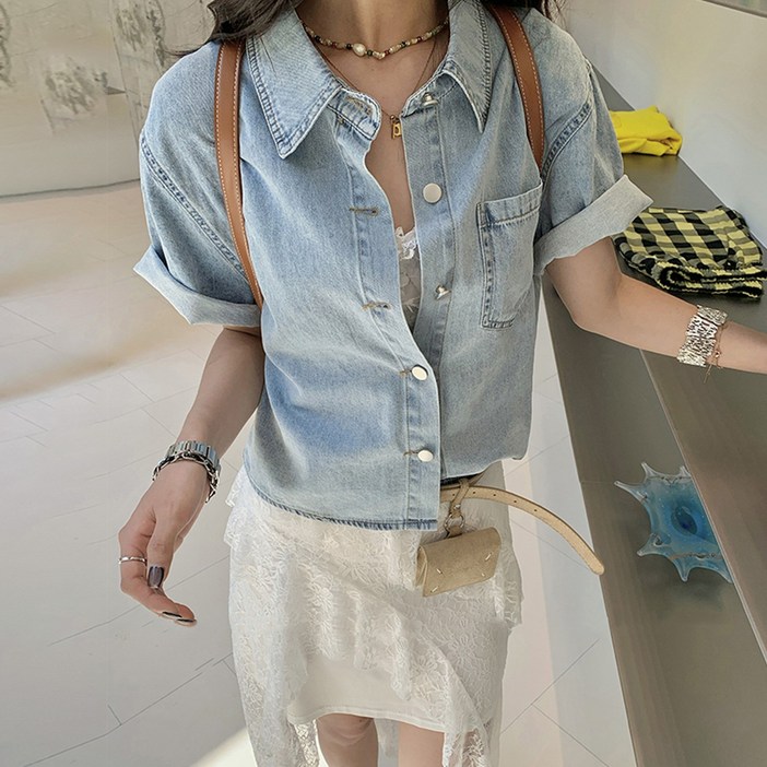 사입자몰 청남방 2종택1 반팔 데님 셔츠 남방 청자켓 캐주얼 오버핏 워싱 스트링 포켓 여름 여성 미시
