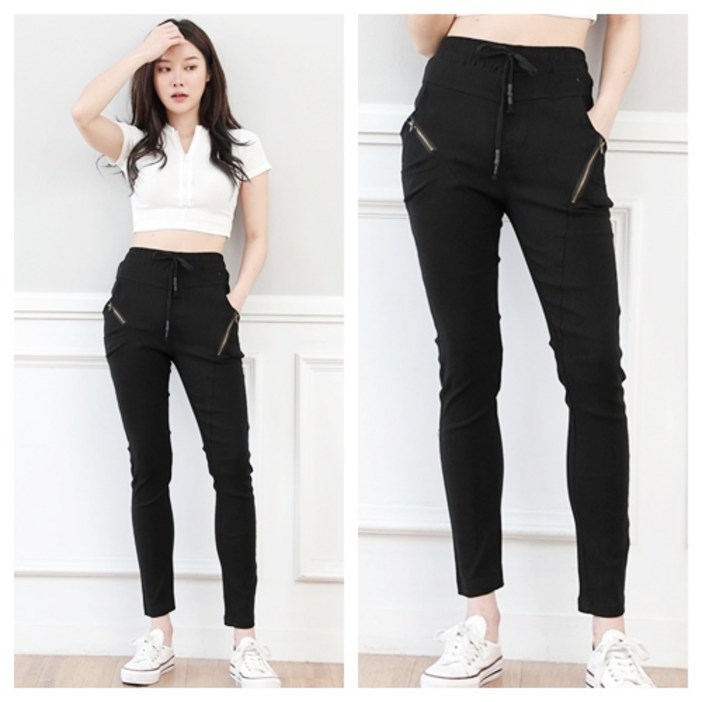 오지다 여성용 더블지퍼 극강스판 배기팬츠