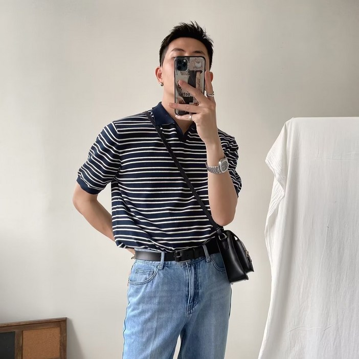 ANYOU 남성 캐주얼 카라니트 맨투맨 머슬핏 반팔 스트라이프 카라 티셔츠