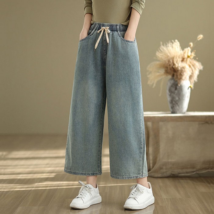 여성 허리밴딩 와이드 데님팬츠 봄 여름 키작녀 일자핏 9부 청바지 슬림 루즈핏 데일리룩 통바지