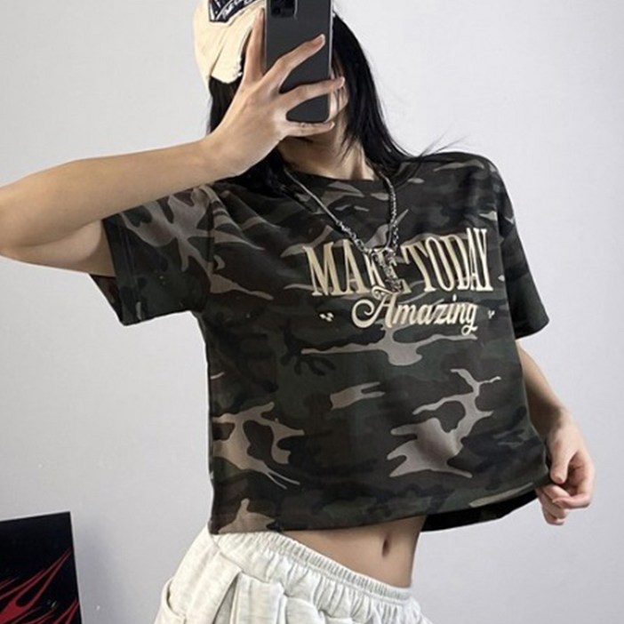 주식디디댄스 M 카모 크롭 댄서복 스트릿 댄스복 공연복 KPOP 방송의상 걸스힙합