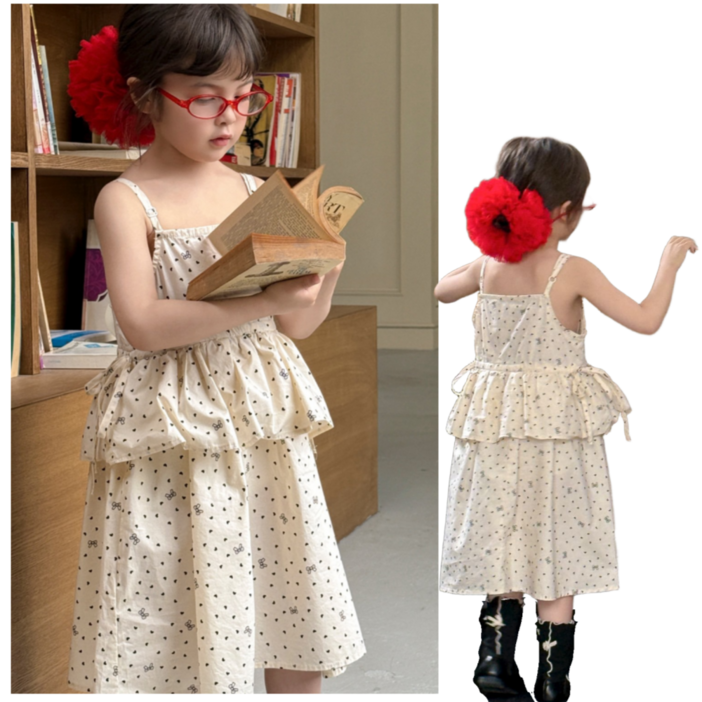 와이엑스 바캉스룩 하트 리본 패턴 시원 끈나시 원피스