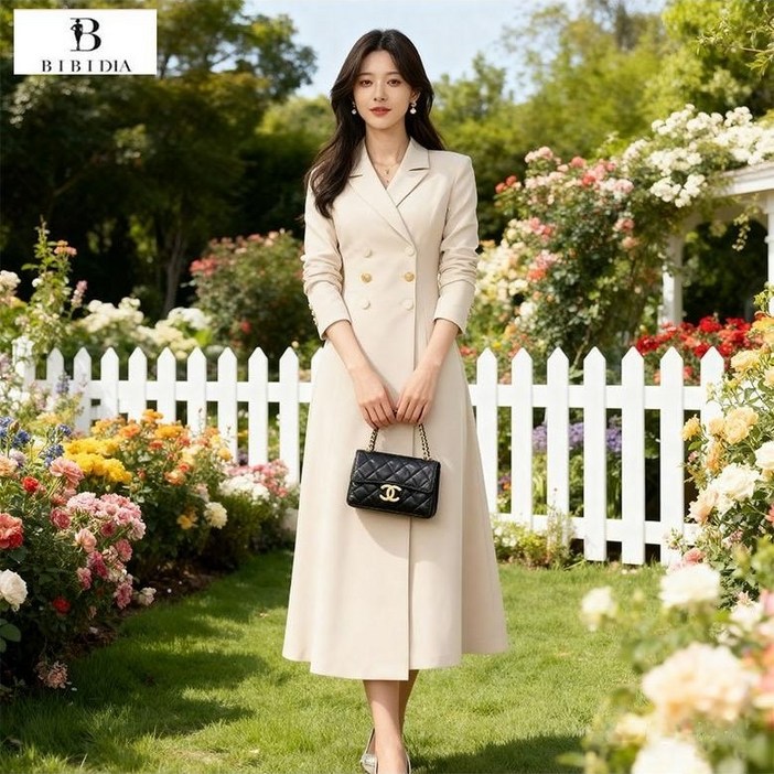 비비디아 여성용 하객룩 더블버튼 긴팔 롱원피스 오피스 하객결혼식 데일리룩 5559