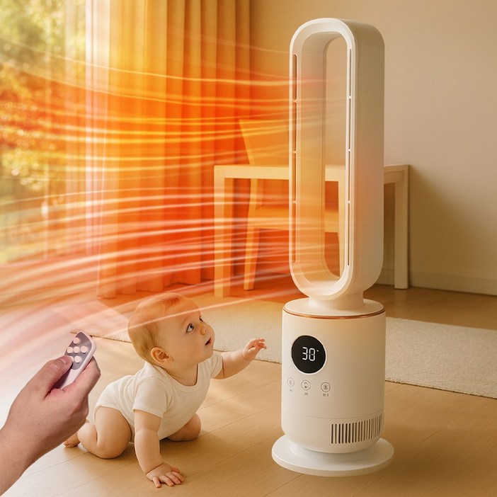 데일리공식 PTC 날개없는 온풍기 전기 히터 타워형 난방기 무드등 리모컨, 화이트