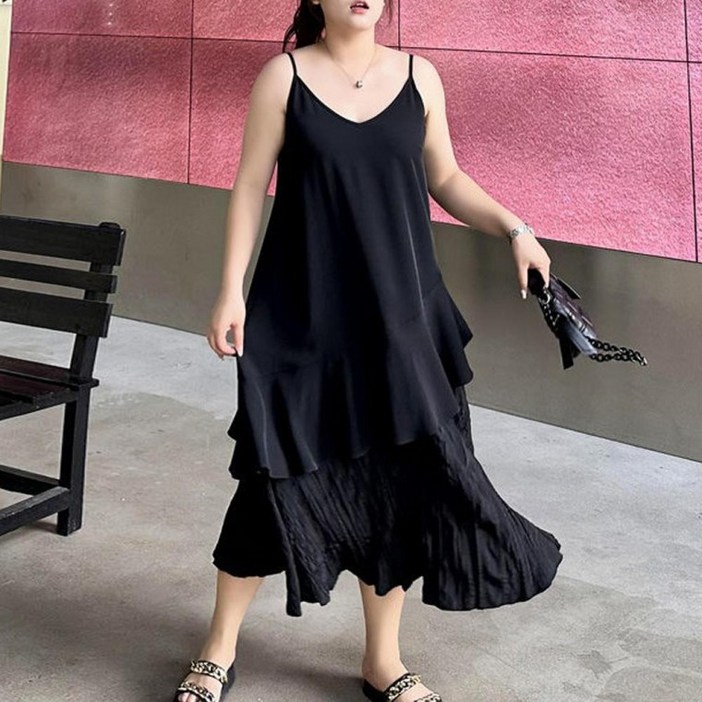 에더라라 (빅사이즈) 2단캉캉 어깨끈 민소매 롱원피스