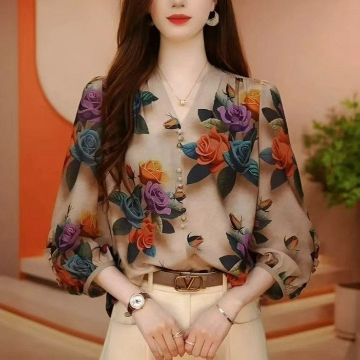 쁘띠꼬모 여성 쉬폰 플라워 블라우스 반팔셔츠 W541806