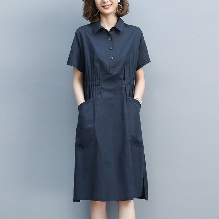 여성 편안한 반팔 미디 원피스 루즈핏 중년 엄마 베이직 투 포켓 셔츠 원피스 여름