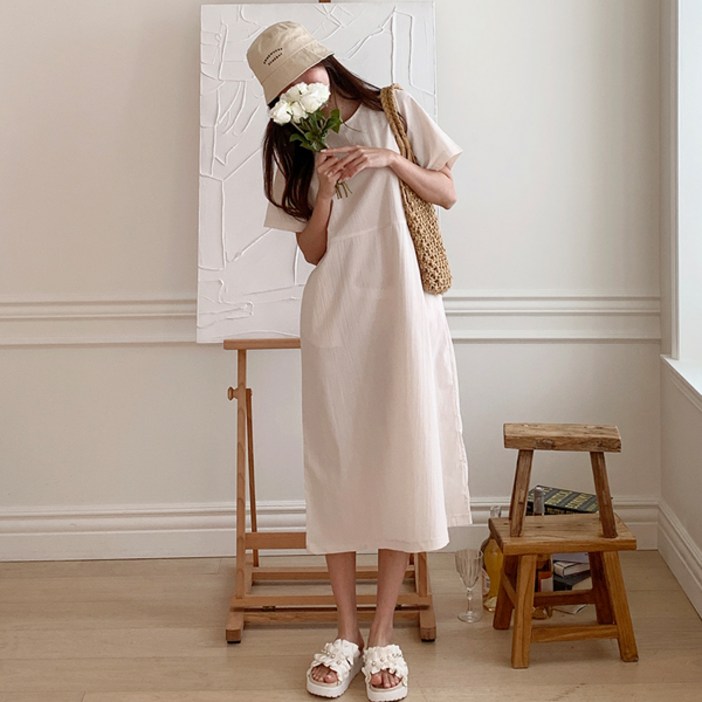 앤샵 [국내생산] 여름 반팔 바스락 링클 뒷주머니 루즈핏 롱 원피스 (3color)